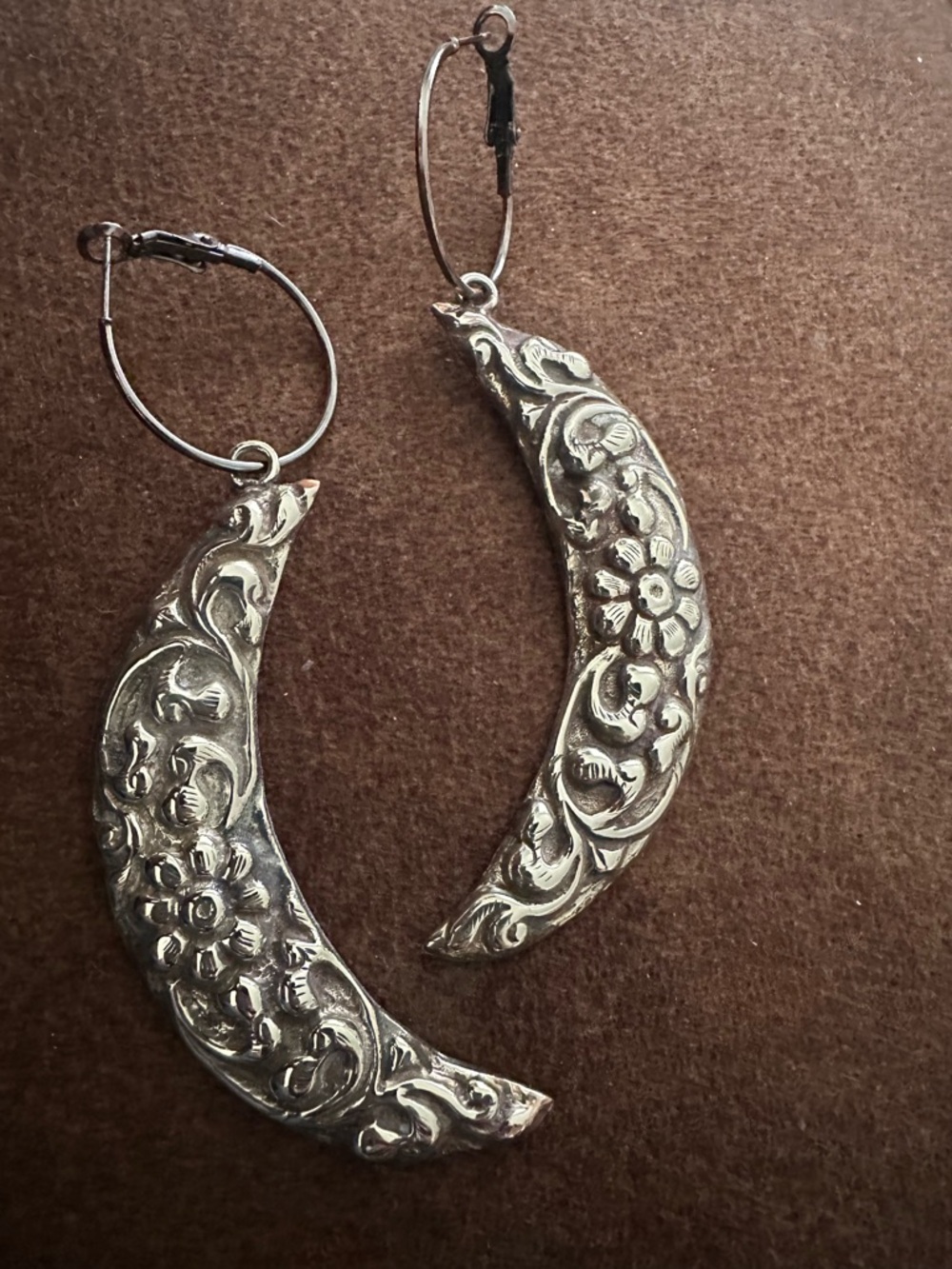 Intricate Floral Crescent Hoop Earrings - Silver